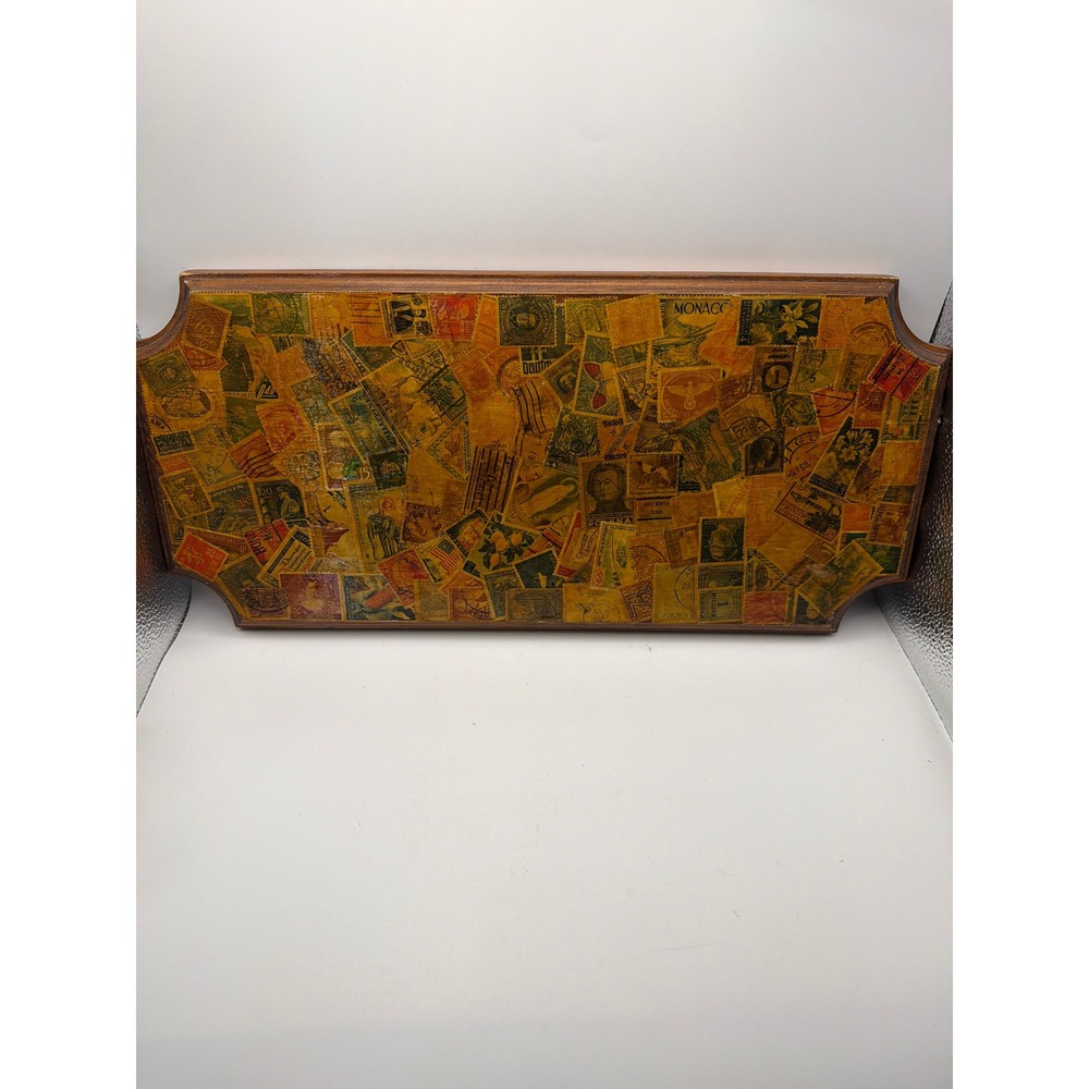 Vintage 1970 Signed Decoupage Postage Stamp Wood Wall Plaque Art World Collage
